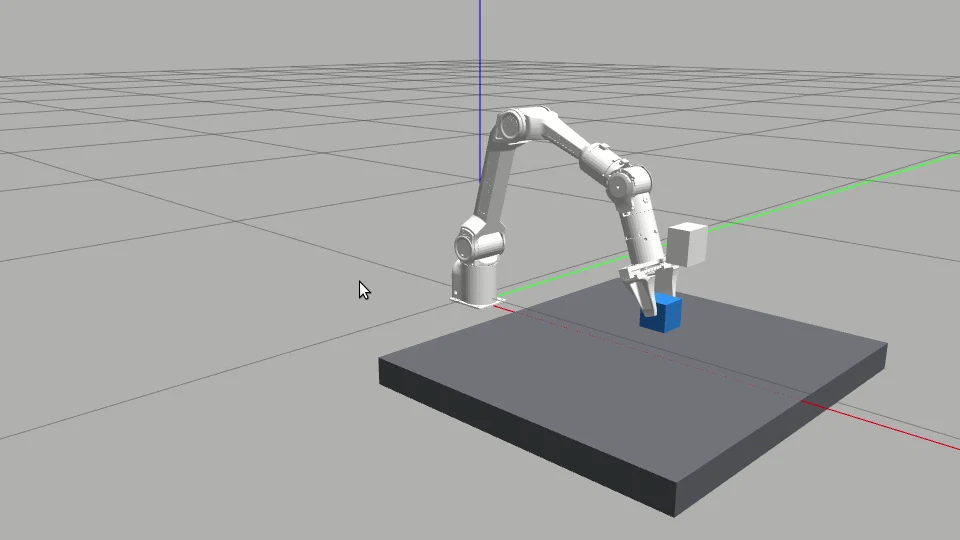 Gazebo replay frame showing a Piper arm lifting the target cube after a stability-gated grasp
