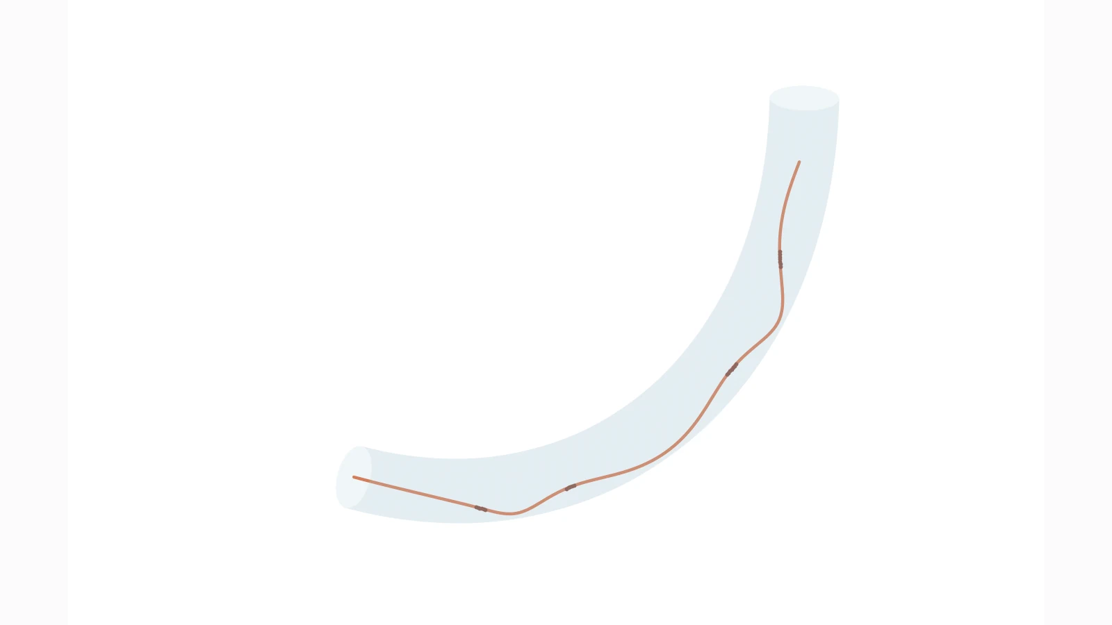 Accepted final configuration of a 300-node guidewire in an analytic curved vessel