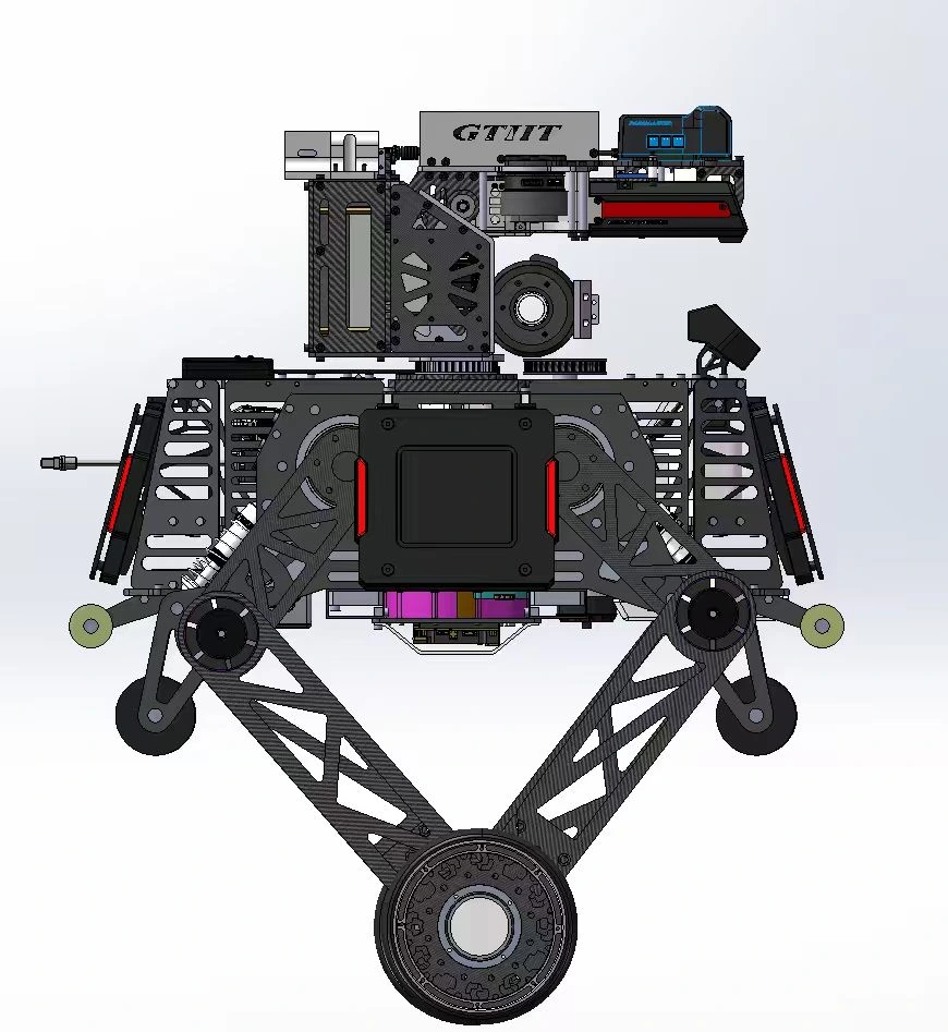 Side CAD view showing the body above the articulated five-bar leg and wheel